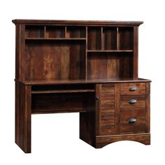 a wooden desk with two drawers and a bookcase