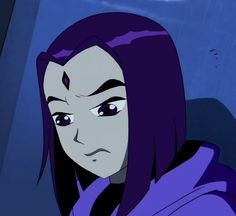 an animated image of a woman with purple hair and blue eyes looking at the camera