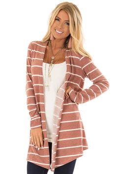 Rust Striped Open Front Knit Cardigan Striped Tops, Sweater Tops, Pregnancy Maxi Dress, Casual Stripes, Striped Sleeve, Horizontal Stripes, Matching Family Outfits, Open Front Cardigan, Cardigan Tops