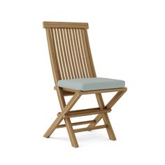 a wooden chair with a blue cushion on the seat and backrest, against a white background