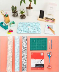 the supplies needed to make this diy notebook cover are laid out on a table