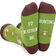 HUNTING SOCKSWild geese, elk, bows and arrows, binoculars and daggers are printed on the dark green socks, and I'D RATHER BE HUNTING is printed on the soles of the feet. It is the best gift choice for hunting and outdoor sports.SIZE & PACKINGI'd rather be hunting socks. One size fits most: Unisex design fits most men US size 6-13 feet, and most women US size 7 and up. 1 pair comes in each plastic zippered ZMART bag.QUALITY MATERIALHunter socks. We use 80% Combed Cotton, 17% Polyamide, 3% Spa Radiologist Gifts, Nurse Socks, Hunter Socks, Bows And Arrows, Dental Assistant Gifts, Wild Geese, Funny Deer, Funny Hunting, White Elephant Party