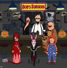 cartoon characters standing in front of a bar