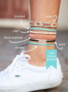 a woman's feet with different types of bracelets on her ankles and the words,