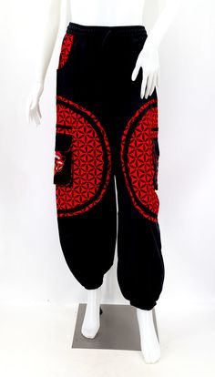 Cotton Hippie Handmade Harem Mushroom Embroidered Bohemian Pants – Himalaya Handmade Full-length Cotton Hippie Harem Pants, Red Cotton Hippie Pants, Hippie Red Cotton Pants, Black Cotton Hippie Pants, Embroidered Cotton Wide-leg Pants, Cotton Wide-leg Harem Pants For Festivals, Embroidered Wide Leg Bottoms For Festival, Red Cotton Bottoms For Festival, Bohemian Embroidered Ankle-length Pants