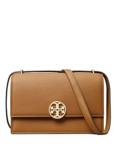 cognac brown leather grained texture gold-tone logo plaque single shoulder strap foldover top internal slip pocket Brown Rectangular Bag With Grained Texture, Brown Grained Texture Rectangular Bag, Classic Rectangular Shoulder Bag With Grained Texture, Classic Brown Flap Bag With Textured Leather, Brown Flap Bag With Gold-tone Hardware For Business, Business Brown Flap Bag With Gold-tone Hardware, Classic Brown Textured Leather Flap Bag, Classic Cognac Shoulder Bag With Gold-tone Hardware, Cognac Flap Bag With Gold-tone Hardware For Travel