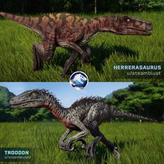 an image of two different dinosaurs in the grass