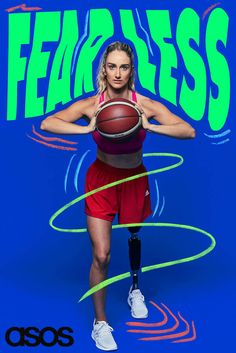 a woman holding a basketball while standing in front of a blue background with neon lines