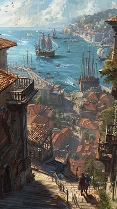 a painting of a city by the sea with ships in the water and people walking up stairs