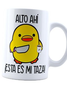 a coffee mug with an image of a chicken holding a knife in it's mouth