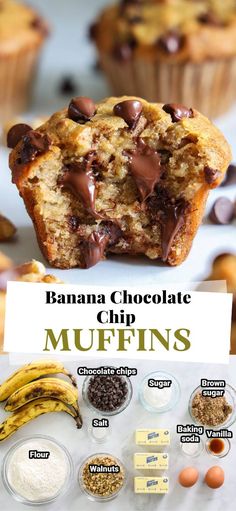 banana chocolate chip muffins with ingredients to make them super moister and delicious