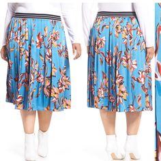 Blue Vibrant Floral Printed Pleated Skirt In Silk Like Smooth Material With Elastic Waste For Great Comfort. Brand New. Blue Full Skirt For Fall, Blue Flared Skirt For Brunch, Fall Blue Full Skirt, Blue Skirted Bottoms For Fall, Blue Midi Skirt For Brunch, Blue Midi Length Pleated Skirt For Workwear, Blue Floral Print Full Skirt, Spring Blue Pleated Skirt Bottoms, Blue Lined Skirt For Brunch