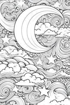 a black and white drawing of clouds, stars and the moon in the night sky