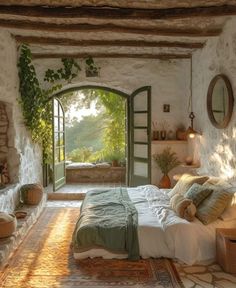 a bedroom with stone walls and an arched doorway leading to another room that has a bed in it