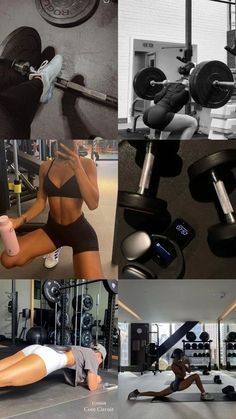 a collage of photos showing different types of gym equipment