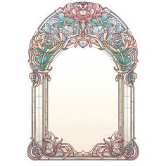 an ornate arch with stained glass and flowers on the top, in pastel colors