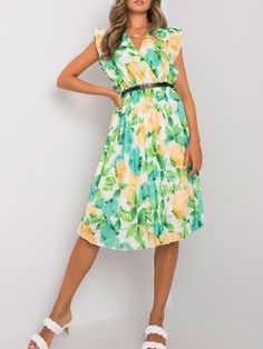 Bloom in elegance with this vibrant floral midi dress! Its playful pleats and flattering V-neck design exude sophistication, perfect for those summer soirees. Feel fabulous and free in this joyful ensemble that's as stylish as it is comfortable. Vacation V-neck Pleated Midi Dress, Elegant Green V-neck Floral Dress, Elegant Multicolor Floral Dress For Summer, Summer Party Knee-length Floral Dress, Summer Pleated Midi-length Dresses, Pleated V-neck Sundress, Chic Pleated Midi Sundress, Chic Pleated Midi Length Sundress, Pleated V-neck Midi Dress For Vacation