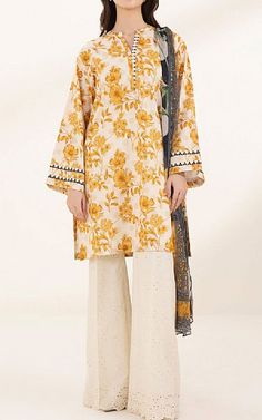 Off White/Mustard Lawn Suit (2 pcs) -  Pakistani Lawn Suits Indian Formal Dresses, Lawn Dress Design, Prints Inspiration, Suit Dupatta, Lawn Dresses, Suits Online Shopping, Designer Party Dresses, Add Sleeves, Lawn Suit