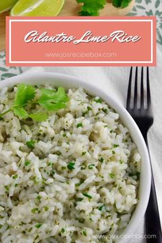 a white bowl filled with rice and garnished with cilantro limes