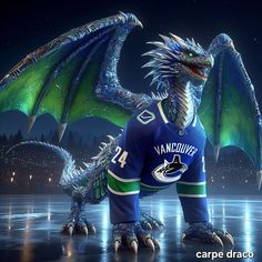 a blue and green dragon hockey jersey on ice