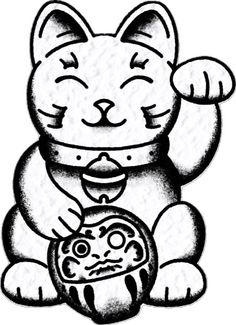 a black and white drawing of a cat holding a ball