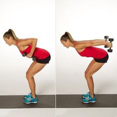 a woman is doing squats with dumbbells