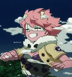 an anime character with pink hair and black spots on his face, standing in front of clouds