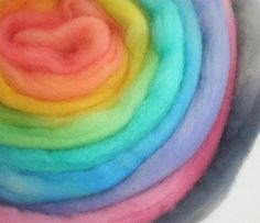 a rainbow colored wool roving is shown in close up