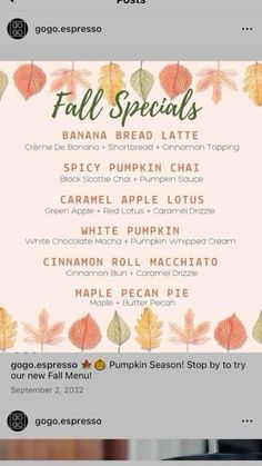 the menu for fall specials is displayed on an iphone