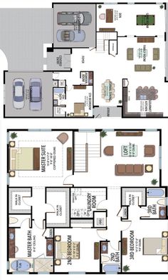 two story house plans with living room and dining area in the floor plan for this home