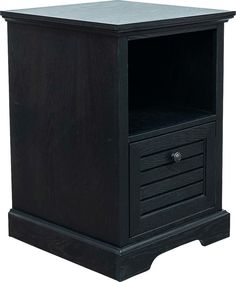 a black wooden night stand with drawers on one side and an open drawer on the other