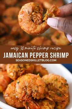 a person holding up a piece of food in front of the camera and text overlay that reads easy, 30 minute shrimp recipe jamaican pepper shrimp shrimp