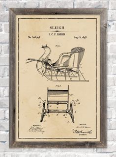 an old fashioned sleigh and rocking chair on a brick wall with the words sleigh in it