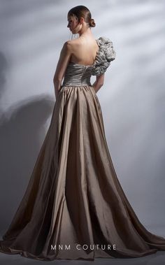 Ruffle Long Dress, Bride Attire, Mnm Couture, Taffeta Skirt, Couture Looks, Unique Prom Dresses, Pleated Bodice, Strapless Gown, A Line Gown