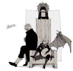 two people sitting on top of a wooden chair next to each other with bats flying above them