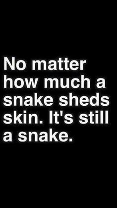 a black and white photo with the words no matter how much a snake sheds skin it's still a shake