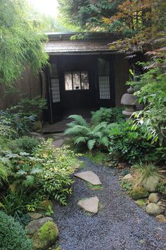 a small wooden building surrounded by trees and plants