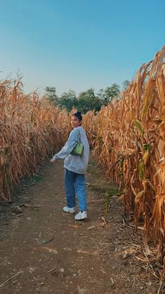 a woman standing in the middle of a corn field