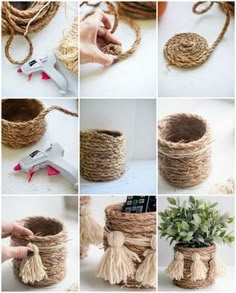 the steps to make a rope basket with tassels are shown in several different pictures