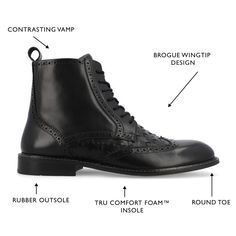 Introducing Legacy by Thomas & Vine, the timeless ankle boot that blends classic style with modern comfort. Crafted with genuine leather and featuring a contrasting vamp and wingtip design, these boots make a stylish statement. The 12 mm Tru Comfort Foam™ insole and 1-inch block heel provide all-day comfort and support. With a lace-up design and convenient zipper entry, along with a padded tongue for extra comfort, Legacy offers both a classic look and ease of wear. Black Brogue Ankle Lace-up Boots, Black Lace-up Boots With Brogue Detailing, Fitted Wingtip Lace-up Boots For Fall, Formal Wingtip Lace-up Boots For Winter, Winter Cap Toe Lace-up Boots With Brogue Detailing, Winter Lace-up Cap Toe Boots With Brogue Detailing, Winter Business Lace-up Boots With Brogue Detailing, Winter Lace-up Boots With Brogue Detailing And Cap Toe, Fitted Ankle Lace-up Boots With Rubber Sole