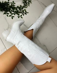 🤍Faster shipping on Diastudios.co.uk & discount code NEWBIE Standard fit Heel Height: 6cm Shaft Height: 35cm Fits Calves: 35-42cm circumference with stretch (custom calf boots available on Diastudios.co.uk) Material: Vegan Faux Leather  UK Sizing    *International customers please remember to convert your sizing to UK sizing on our size chart * White Western Heeled Boots For Fall, White Wide Calf Knee-high Boots For Fall, White Heeled Boots For Rodeo In Fall, White Heeled Boots For Fall Rodeo, White Wide Calf Knee-high Heeled Boots, White Wide Calf Knee-high Boots For Spring, White Knee-high Boots With Wide Calf, White Knee-high Boots For Wide Calves, White Western-style Fitted Heeled Boots