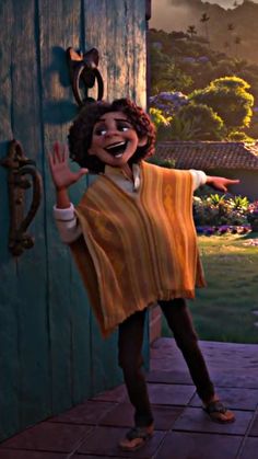 an animated character standing in front of a door with his arms outstretched and hands out