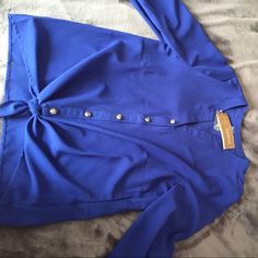 Never Worn Before, Tags Attached Royal Blue Chiffon Material Shirt With Tied Knot Accent On The Bottom And Silver Buttons Down The Middle Blue Chiffon Dress, Tied Knot, Blue Chiffon Dresses, Chiffon Material, Silver Buttons, Chiffon Dress, Blue And Silver, Dress Shirt, Royal Blue