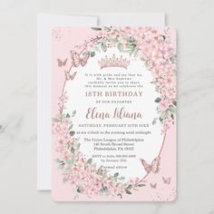 a pink birthday party card with flowers and butterflies on the front, featuring a crown