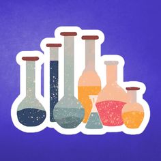 a bunch of bottles filled with liquid on top of a purple background and the words science written below them