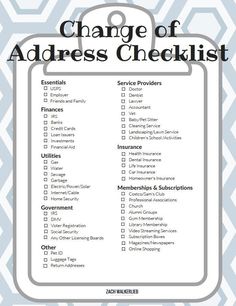 the change of address checklist is shown in this blue and white printable poster