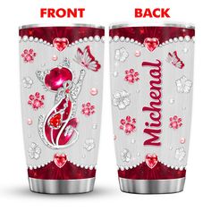 two red and white cups with the words mom on them, both decorated with diamonds