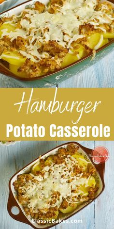 hamburger potato casserole with cheese on top and in a baking dish next to it