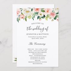 the welcome card is shown with flowers and greenery on it, along with an elegant calligraphy