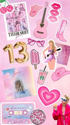 a collage of pink and gold stickers with the number thirteen on them, including an image of taylor swift